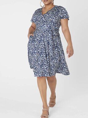 Lane Bryant Women's Blue Floral Surplice Neck Lena Fit & Flare Dress Size 22/24